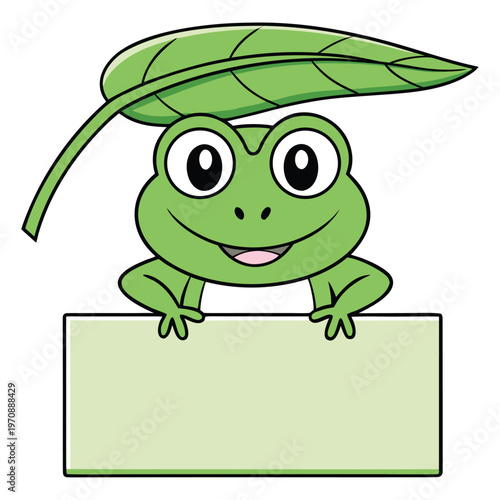 A cartoon frog with a leaf on its head