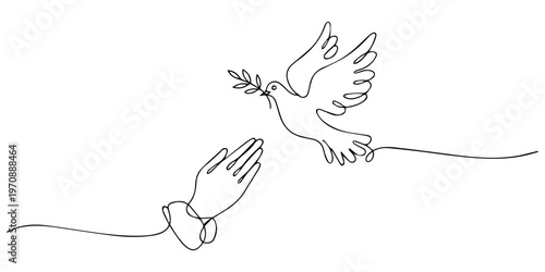 Continuous single one line drawing of Man Hands Pressed Together in Prayer Position and Flying Dove. Pray for peace, Pray for peace. Action for Prayer, Gratitude and Thankful Isolated on White Back.