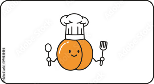 Cute Peach Chef Character with Spoon and Spatula, Funny Food Mascot