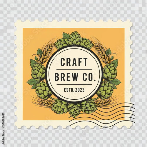 Craft Brew Co Label Emblem Featuring Hops and Laurel Wreath on Yellow Frame.