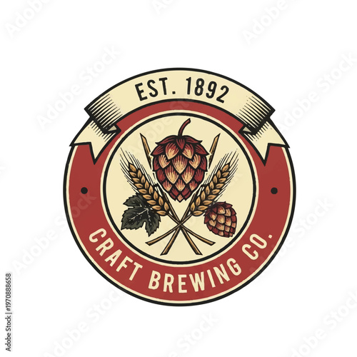 Craft Brewing Company Logo featuring hops, barley, and a circular emblem in vintage badge design.