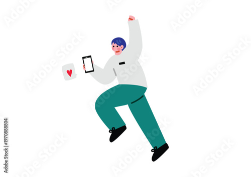 スマホを片手に喜ぶ男性のイラスト