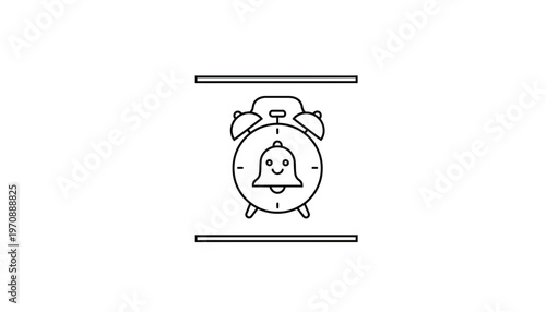Cute Alarm Clock with Smiley Face and Bell Icon, Simple Line Art