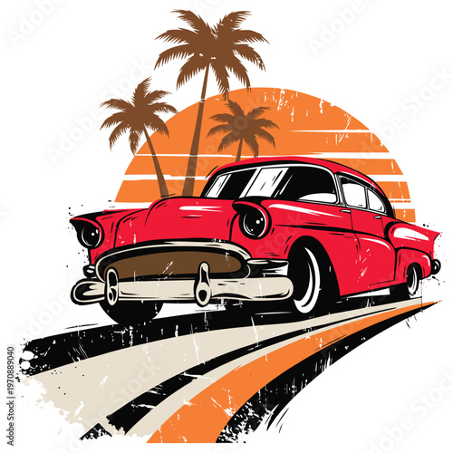 A red vintage car driving on a road with palm trees in the background