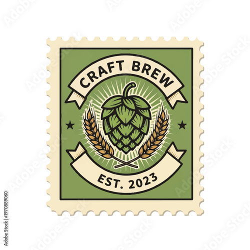 Craft Brew Stamp Emblem Featuring Hop Cone and Barley with Established Heritage.