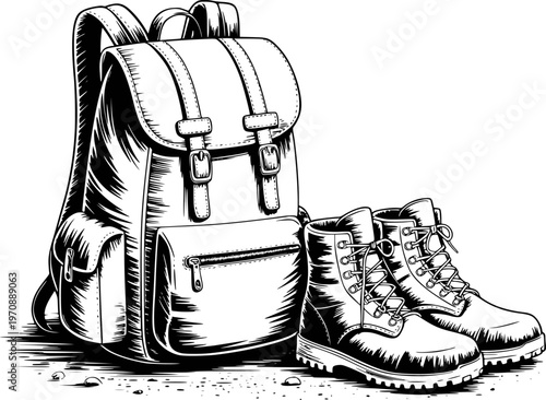 Black and white of a vintage style backpack and hiking boots a ground surface travel