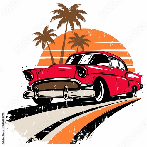 A red vintage car driving down a road with palm trees in the background