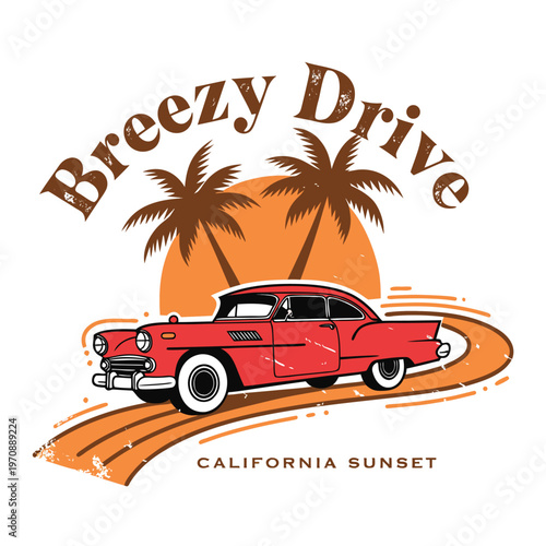 A red vintage car driving on a road with palm trees in the background