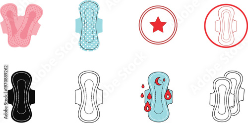 Menstrual Sanitary Pad Icon Set with Feminine Hygiene Protection Absorbent Products and Period Care Symbols Flat and Outline Vector Collection