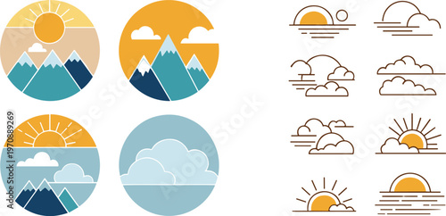 Mountain Landscape and Sunset Sky Icon Set with Clouds Sunrise Horizon Minimal Line Art Nature Badge Vector Collection