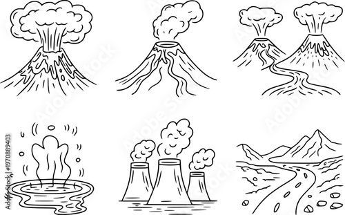 Collection of Hand Drawn Volcanoes Geysers and Industrial Cooling Towers White Background