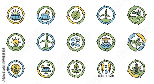 Renewable Energy Icons Set: Solar, Wind, Hydro, Geothermal, and Eco-Friendly Power Symbols