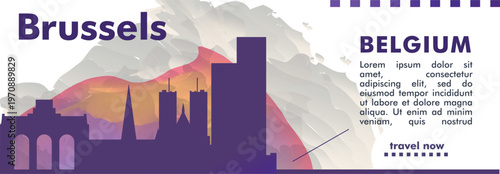 Brussels, Belgium city banner with skyline, cityscape, landmarks. Horizontal travel vector illustration layout for website, page, presentation, header, footer
