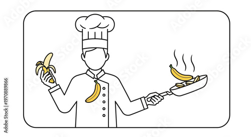 Chef cooking bananas in a pan, healthy food preparation, simple line art illustration