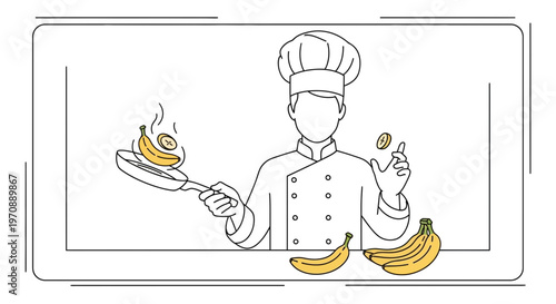 Chef cooking bananas in pan, healthy food preparation, culinary art, fresh fruit.