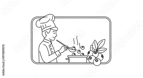 Chef Cooking Blueberries in Pot, Healthy Food Preparation, Line Art Illustration