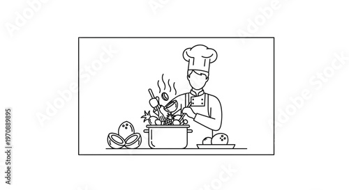 Chef Cooking Delicious Food in Pot with Fresh Ingredients, Healthy Meal Preparation