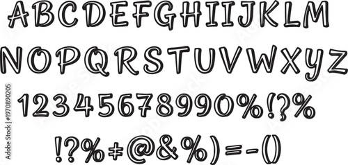 Classic bold stencil font displaying alphabet, numbers, and special characters