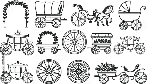 A clean black and white line art illustration featuring a vintage carriage and wagon icons in two neat rows, minimalist vector style
