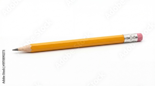 Classic Yellow Wooden Pencil with Eraser on Plain White Background