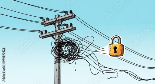 Electric power lines with tangled cables and security lock concept