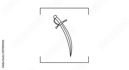 Black and White Drawing of a Curved Sword with a Guard