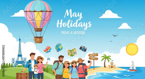 May Holidays Travel Banner Family Vacation Hot Air Balloon Beach Illustration