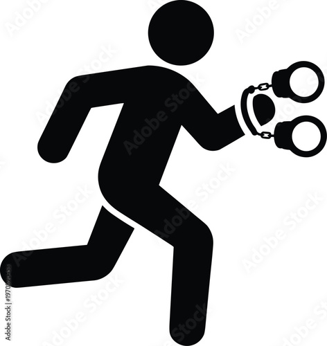 Running criminal with handcuffs silhouette icon representing crime, arrest, escape attempt, and law enforcement concept, isolated on white background for security and justice themes