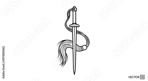 Black and White Illustration of a Traditional Japanese Sword with Tassel