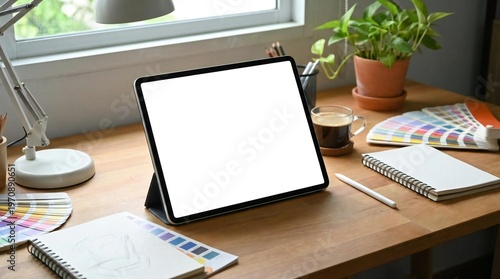 Digital tablet mockup with blank white screen iPad digital tablet office desk, Copy space for app UI, website, presentation, business workflow.