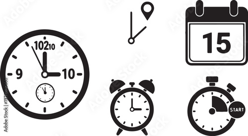 Collection of time-related icons including clock, alarm, timer, and calendar date