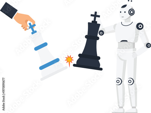 Humanoid robot holding tiny businessman looking forward through binoculars future vision artificial intelligence digital transformation technology assistance search exploration modern technology