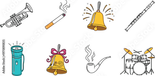 Musical Instruments and Everyday Objects Icon Set with Trumpet Drum Bell Flute Pipe Cigarette and Flashlight Line Vector Collection