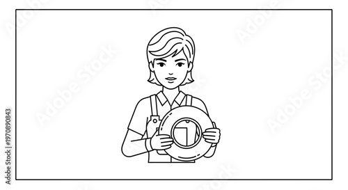 Woman Mechanic Holding Tire, Professional Service, Automotive Repair Line Art