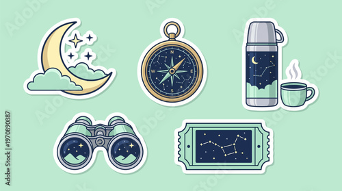 Collection of cute cartoon stickers depicting night sky elements, stargazing tools, and outdoor adventure gear like a moon, compass, thermos, binoculars, and a constellation ticket.