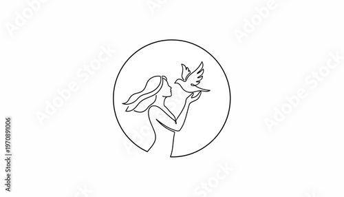 Woman releasing a dove, symbol of peace, freedom, and hope, minimalist line art.