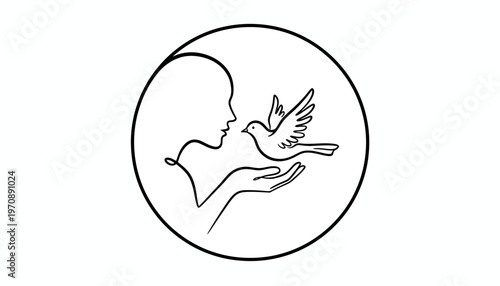 Woman Releasing Dove, Symbol of Peace and Hope, Minimalist Line Art