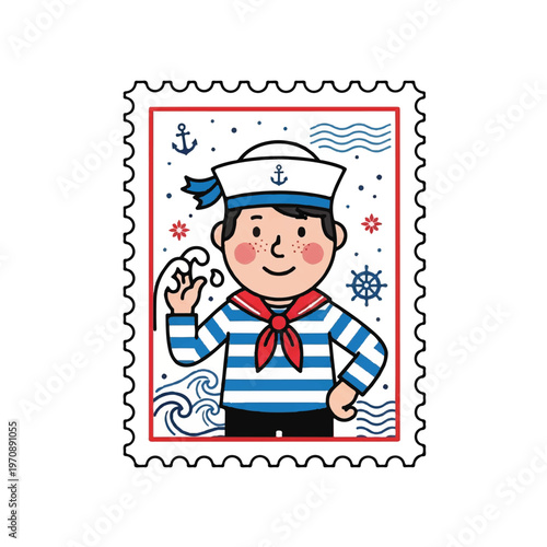 Cheerful cartoon sailor character on a nautical themed stamp design.
