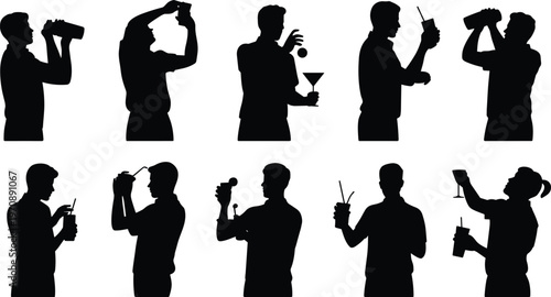Set of bartender and cocktail making silhouettes, people mixing and serving drinks, representing nightlife, bar culture, and beverage preparation concept, isolated on white background