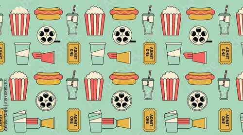 A repeating pattern of classic movie theater snacks and items on a teal background.