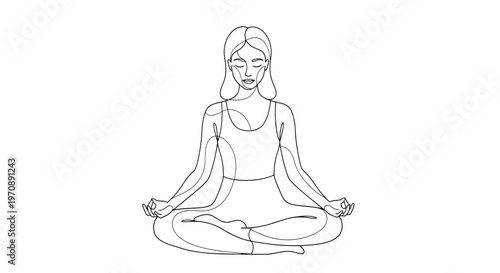 Minimalist continuous line drawing of a woman meditating in lotus pose, yoga and mindfulness concept