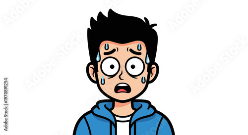 Stressed and Anxious Young Man Character Sweating with Fearful Expression, Vector Illustration