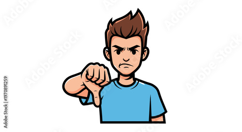 Angry Young Man Character Showing Thumbs Down Gesture for Disapproval and Negative Feedback Illustration