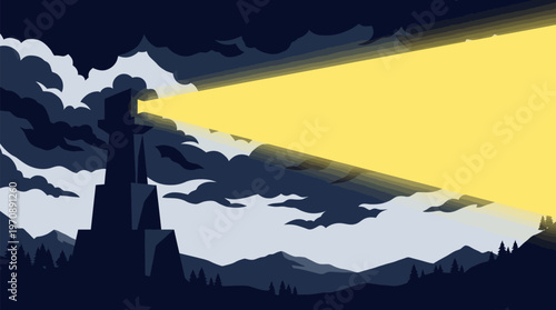 A stylized night scene featuring a tall, dark lighthouse emitting a powerful yellow beam of light across a cloudy sky and distant mountains.