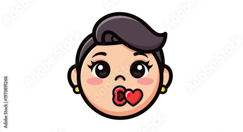 Cute Kawaii Woman Character Blowing a Kiss with a Small Red Heart, Vector Illustration Portrait Emoji