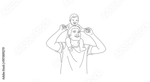 Happy father carrying his baby son on his shoulders minimalist line art illustration