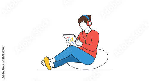 Young Woman Sitting on Bean Bag Using Tablet and Wearing Headphones Vector Illustration