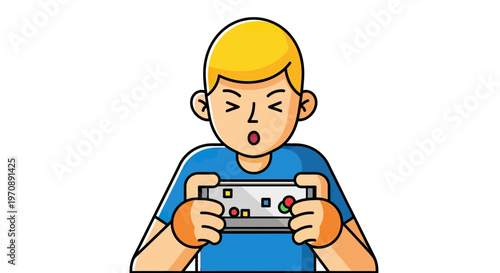 Young man playing video games on a mobile device with a concentrated expression, vector illustration of a gamer