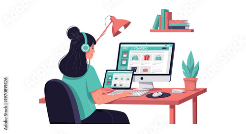 Young Woman Shopping Online on E-commerce Website Using Desktop Computer and Digital Tablet at Workspace