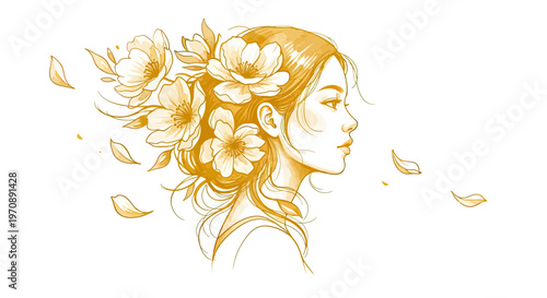 Elegant Vector Illustration of a Beautiful Young Woman's Profile with Blooming Flowers in Her Hair